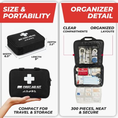 M2 BASICS Premium 300 Piece Professional First Aid Kit, 40 Unique Items, Durable Carry Bag for Home, Car, Business, Travel & Vehicle - Image 3