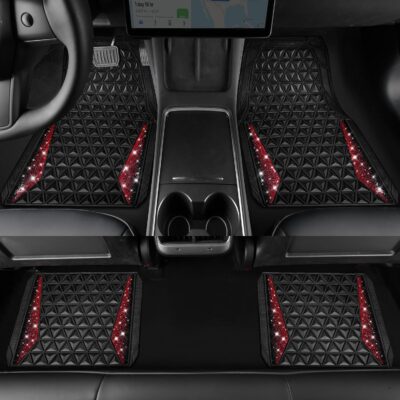 CAR PASS Bling Diamond Car Mats Rubber Floor Mats Full Set Anti-Slip 3D Rhombus Waterproof Trim to Fit Liner Universal Glitter Crystal Sparkly Shining Rhinestone Girl Women SUV Sedan Van, Black Red - Image 5
