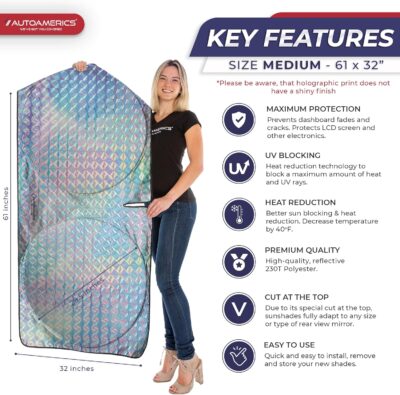 Autoamerics 1-Piece Windshield Sun Shade - Holographic Print Foldable Car Front Window Sunshade for Cars SUV Truck - Heat Blocker Visor Protector Blocks Max UV Rays and Keeps Your Vehicle Cool Medium - Image 2