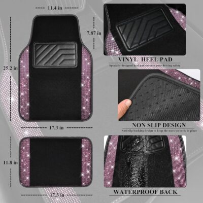 CAR PASS Bling Diamond Car Floor Mat Shining Rhinestones Carpet, Sparkly Glitter Crystal Anti-Slip PVC Heel Pad Automotive Universal Fit for SUV Sedan Car Van, 4pcs for Girl Cute Women, Black Pink - Image 5