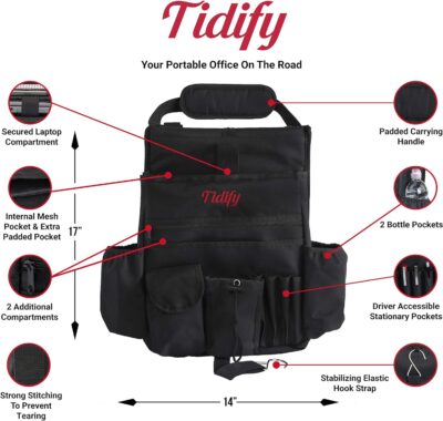 Tidify Car Front Seat Organizer [2025 UPDATED] with Dedicated Tablet and Laptop Storage Stabilizing Side Straps Soft Adjustable Shoulder Strap and Hardened Buckles Your Office Away from Office. - Image 6