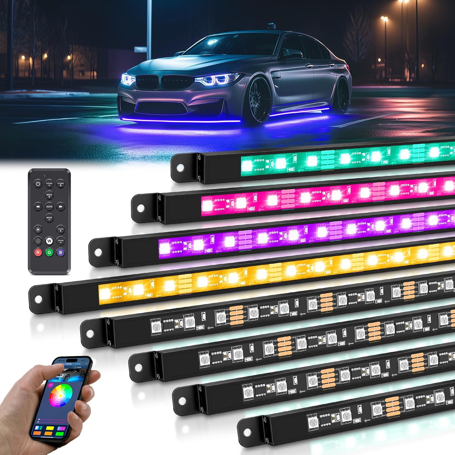 81L765fNlML._AC_SL1500_.jpg MICTUNING 8Pcs N8+ RGBW Underglow LED Lights for Cars, APP & Remote Dual Control, IP68 Waterproof Aluminum Multicolor Modes Music Soundsync Exterior Neon Accent Car Underglow Kit, 2 Years Warranty - Image 1