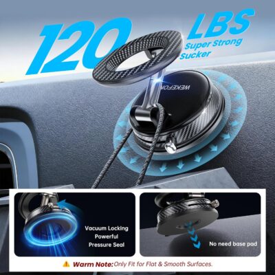 Upgraded Car Phone holder for Magsafe [120LBS Suction Cup & 3000gf Magnet ] 1100° Adjustable Vacuum Magnetic Phone Holders for Your Car, Dashboard Car Mount Bracket for iPhone & Android, Carbon Fiber - Image 4