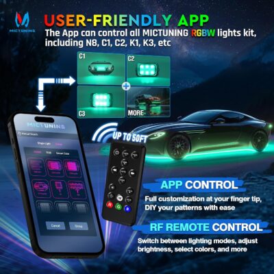 MICTUNING 8Pcs N8+ RGBW Underglow LED Lights for Cars, APP & Remote Dual Control, IP68 Waterproof Aluminum Multicolor Modes Music Soundsync Exterior Neon Accent Car Underglow Kit, 2 Years Warranty - Image 5