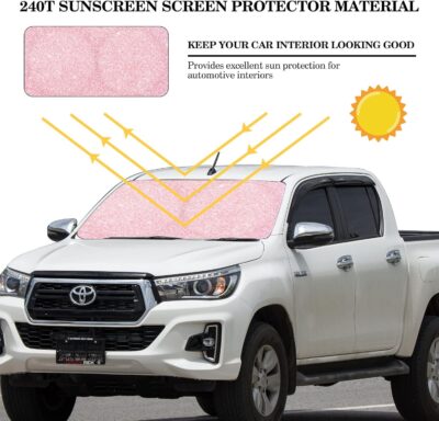 Windshield Sun Shade Foldable Car Front Window Covers for Car Accessories Sun Heat UV Rays Visor Protector Protection for Universal Cars SUV Truck(Pink Sequins) - Image 2