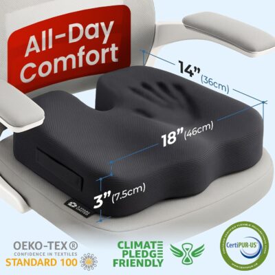 Seat Cushion for Office Chairs - Tailbone, Coccyx Pain Relief - Butt, Pressure & Sciatica Relief - Gaming, Wheelchair, Car & Desk Pillow, Black - Image 2