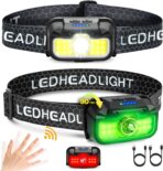 2 Pack Headlamp Rechargeable, 1300 Lumen Lightweight Bright with White Green Red Headlamp Flashlight, Waterproof Head Lamp,14 Modes for Outdoor Camping Running Cycling
