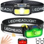 2 Pack Headlamp Rechargeable, 1300 Lumen Lightweight Bright with White Green Red Headlamp Flashlight, Waterproof Head Lamp,14 Modes for Outdoor Camping Running Cycling