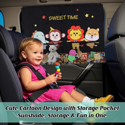 Car Window Shades for Baby, 2 Pack Magnetic Double Layer Car Sun Shade Baby with Storage Pockets, Adjustable Privacy Blackout/See-Through Cartoon Pattern Window Curtains for Kids UV Protection - Image 2