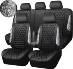 CAR PASS Bling Diamond Leather Car Seat Covers Full Seats Interior Sets, Waterproof Shining Glitter Sparkly Crystal Universal Armrest Fit Automotive Truck SUV Cute Women Girl, Black Silver Rhinestone - Image 9