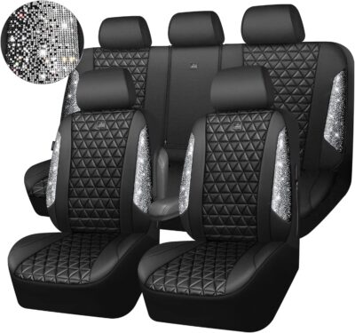 CAR PASS Bling Diamond Leather Car Seat Covers Full Seats Interior Sets, Waterproof Shining Glitter Sparkly Crystal Universal Armrest Fit Automotive Truck SUV Cute Women Girl, Black Silver Rhinestone - Image 9