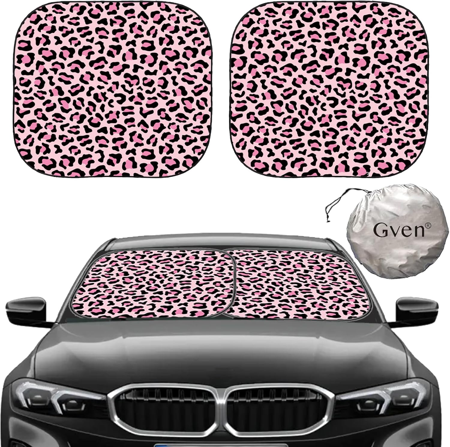 81MmkigEKpL._AC_SL1500_.jpg Gven Windshield Sun Shade 2pcs with Bonus Pink Car Sunshade for Front Window Shades 2025 Technology Reflect UV and Heat Sun Visor Automotive Accessories Interior Sun Protection (Pink Leopard, M) - Image 1