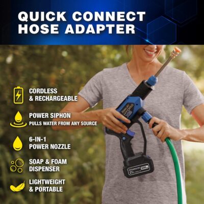 Ontel Turbo Jet HydroX5 Pro Portable Cordless Pressure Washer (21V 3000mAh Battery), 6-in-1 Nozzle, Dual Water Source, 16ft Detachable Hose - Image 9