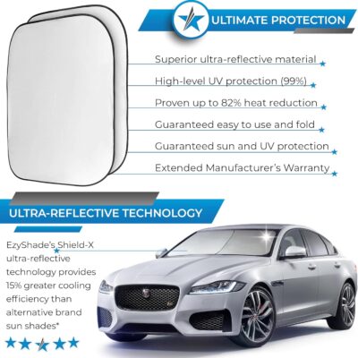 EzyShade Windshield Sun Shade with Shield-X Reflective Technology. See Size-Chart with Your Vehicle. Foldable 2-Piece Car Sunshades Reflect UV Sun and Heat and Protect Your Car. Standard (Medium) Size - Image 2