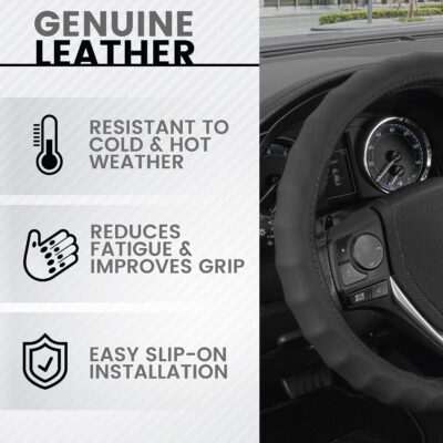 BDK Genuine Black Leather Steering Wheel Cover for Car, Small (13.5" - 14.5") – Ergonomic Comfort Grip for Men & Women, Car Steering Wheel Cover for Vehicles with Small Steering Wheels - Image 2
