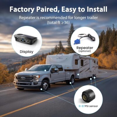 Tymate TM3 RV Tire Pressure Monitoring System, Tire Pressure Monitor with Solar Charge, TPMS with 4 Sensors(Max to 10) & 6 Alarm Modes, 2024 Updated w/Color LCD Display, 0-87PSI for RV/Trailer/Truck - Image 4