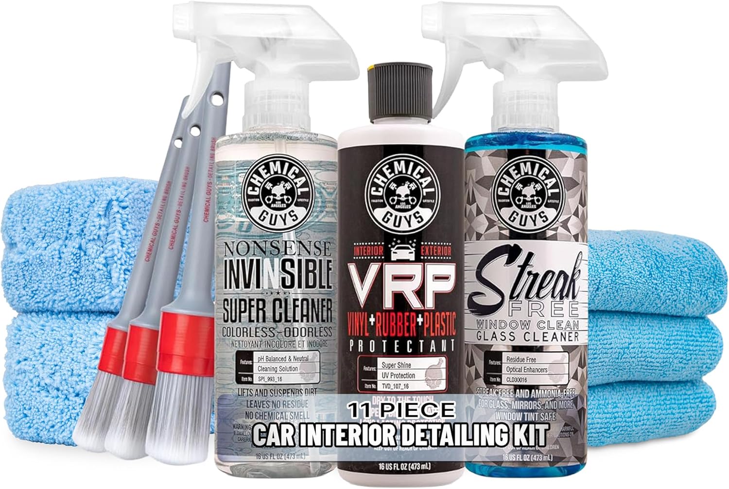 81NETgdMUL._AC_SL1500_.jpg Chemical Guys Car Interior Detailing Kit - VRP Protectant, Nonsense Cleaner, Streak Free Glass Cleaner, 3 Detailing Brushes, 3 Towels, 2 Applicators, 11-Items - Image 1