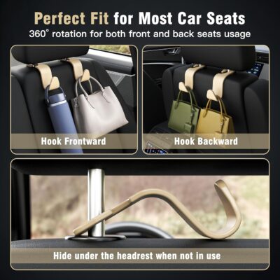 Amooca 4-Pack Car Headrest Hooks Vehicle Storage Organizer for Purses Handbags Groceries Coats –Holds 55lbs 360° Rotating Simple Design Beige - Image 4