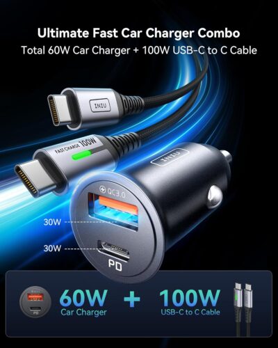 INIU Car Charger, Cigarette Lighter USB Charger Total 60W, 12V USB Socket with [1m] 100W Type C Cable Fast Charge, Car Phone Charge Adapter for iPhone 17 16 Samsung Laptops Switch 2 Car Accessories - Image 2