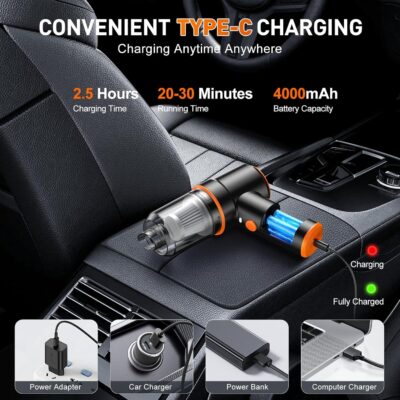KMM Handheld Car Vacuum Cleaner, 9000PA Vacuum Cleaner & Air Duster, 120W High Power Vacuum Portable Cordless, Hand Held Vacuum Rechargeable with Multi-Nozzles & LED Light for Home, Car, Office - Image 5