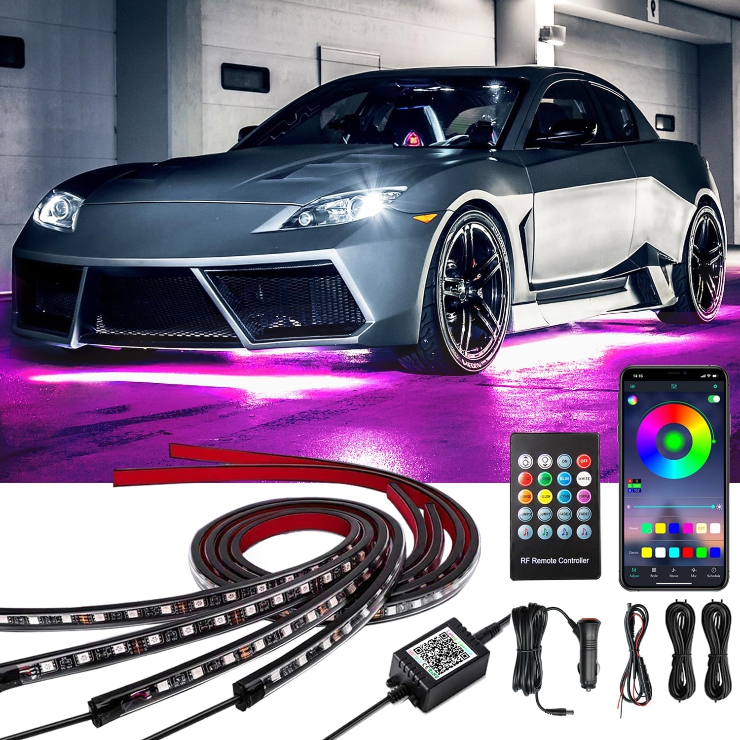 81ONHJyjq5L._AC_SL1500_.jpg Car Underglow Lights, Yielinth Exterior LED Strip Lights with App and RF Remote Control,16 Million Colors Underglow Kit for Car - Image 1