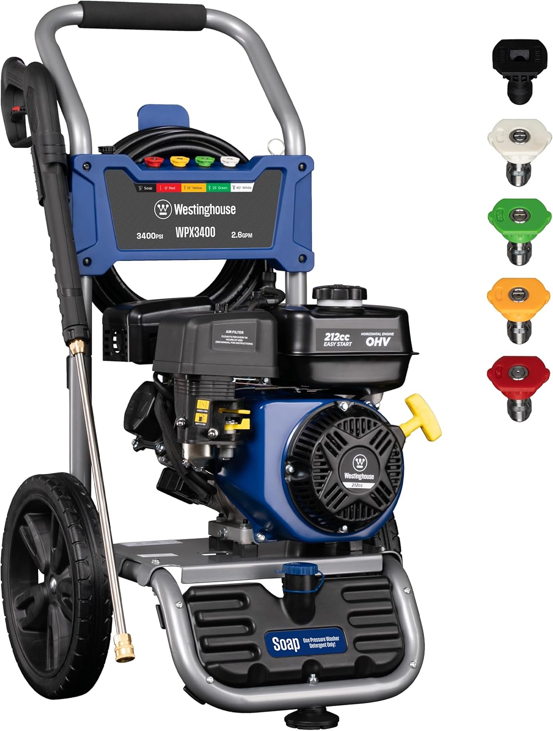 81OToHjQRfL._AC_SL1500_.jpg Westinghouse WPX3400 Gas Pressure Washer, 3400 PSI and 2.6 Max GPM, Onboard Soap Tank, Spray Gun and Wand, 5 Nozzle Set, for Cars/Fences/Driveways/Homes/Patios/Furniture - Image 1
