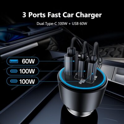 USB C Car Charger Fast Charging 200W, Dual PD 100W Type C Car Charger, PD3.0/QC4.0/PPS Cigarette Lighter Adapter for iPhone 16/15/14/13/12, Galaxy S22/S21 Ultra, MacBook, Laptop etc - Image 3