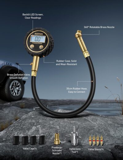 AstroAI Tire Pressure Gauge for Cars with Backlit LED, Solid Brass with Rubber Hose, Air Bleeder Valve, ANSI B40.7 Grade 2A(±0.5%), 3-250PSI - Image 5