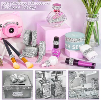 6 Rolls Self Adhesive Rhinestone Ribbons, Sliver Resin Rhinestone Strips, Diamond Crystal Rhinestone Ribbon Roll Stickers Glitter Bling Ribbons for Crafts Fabric Car - Image 5