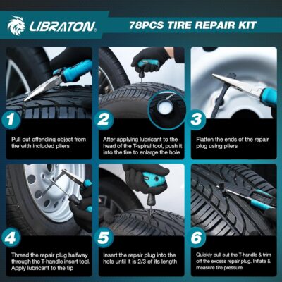 Libraton Tire Repair Kit, 78PCS Tire Plug Kit Heavy Duty Professional Repair Tools to Fix Punctures and Plug Patch Flats, Tubeless Tire Patch Kit for Car, Motorcycle, ATV, SUV, Truck, Tractor, Trailer - Image 5