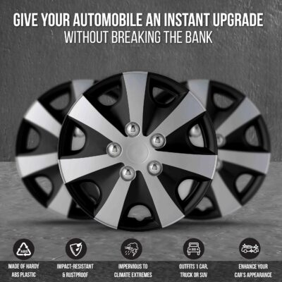 Hubcaps 4-Pack Kit, 14 inch Hub Caps Set of 4 Wheel Covers with Universal Snap-On Retention Rings, 2-Tone ABS Plastic Black and Silver Car Rims for All Models (SG-5051-DP-14) - Image 4