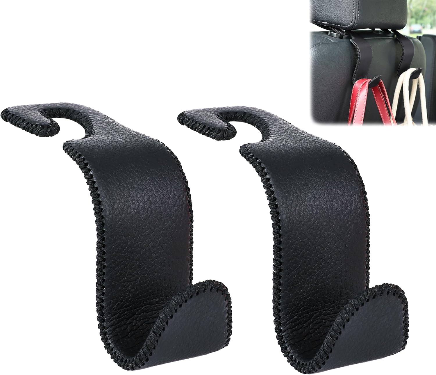 81Pl5n493WL._AC_SL1500_.jpg Amooca Car Seat Headrest Hook Universal Vehicle Storage Hanger Leather with Metal Car Seat Back Organizer for Handbag Purse Coat Black 2 Pack - Image 1
