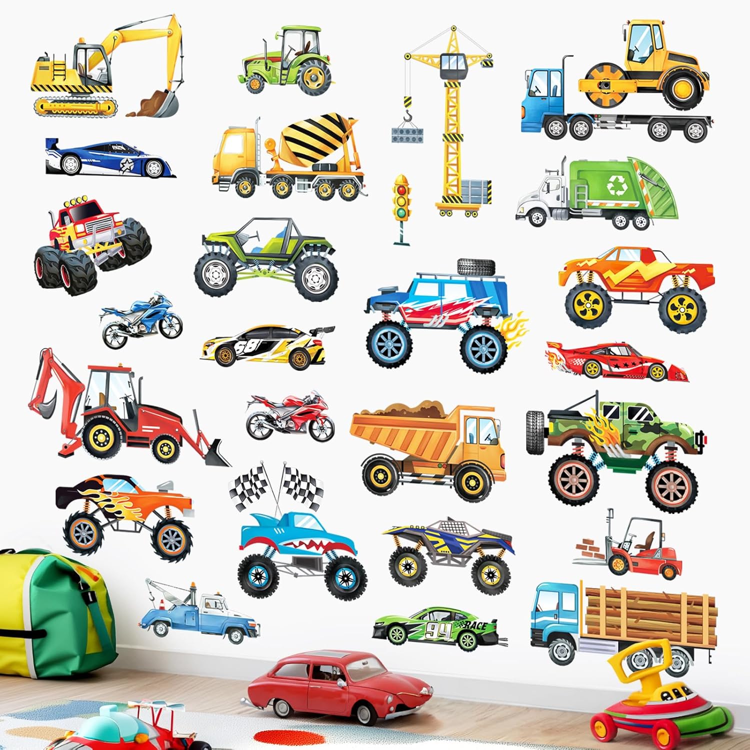 81Pow1q5wqL._AC_SL1500_.jpg decalmile Cars Wall Decals Construction Transports Vehicles Racing Cars Wall Stickers Boys Room Kids Bedroom Toddles Playroom Wall Decor - Image 1