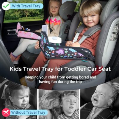 COOLBEBE Kids Travel Tray for Toddler Car Seat, 2PCS Travel Tray for Airplane, Toddler Car Seat Lap Tray, Carseat Table Tray for Kids Travel Activities(Dinosaur & Pink Unicorn) - Image 3