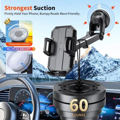Upgraded 3-in-1 Car Phone Holder Mount [Powerful Suction] Phone Mount for Car Dashboard Air Vent Windshield,for All iPhone Android Phone (Black) - Image 3