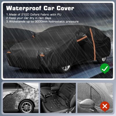 for Kia Soul Car Cover 2010-2025, All Weather Waterproof Car Cover for Toyota Prius Nissan Leaf with Zipper Door & Windproof Bands for Rain Snowproof UV Windproof Protection Scratch Resistant (Black) - Image 3