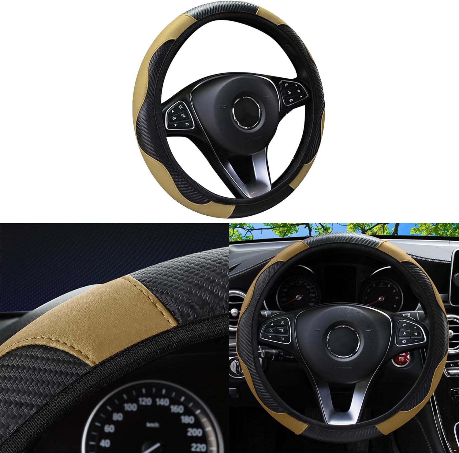 81QQ69FPWDL._AC_SL1500_.jpg Car Steering Wheel Cover, 15 inch Carbon Fiber Microfiber Anti-Slip Breathable PU Leather Elastic Steering Wheel Protector, Car Interior Accessories for Most Cars (Beige) - Image 1