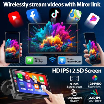 Wireless CarPlay Screen for Car - Portable Dash 9" HD IPS Screen with Strongest Suction Mount, Android Auto, GPS Navigation, Bluetooth Handsfree, Airplay, MirrorCast, Fit Most Cars - Image 5