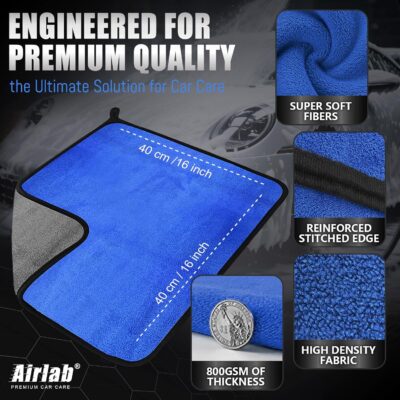 Airlab Microfiber Towels for Cars Wash Drying Thick Plush Cleaning Cloth Auto Detailing Super Absorbent for Interior & Exterior Lint Free, Streak Free, 16" X 16", 800 GSM, Pack of 4 - Image 2
