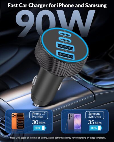 [4 in 1] USB C Car Charger, 4-Port 90W Super Fast Charging Cigarette Lighter Adapter, Dual 45W USBC & USB-A Multiport Car Phone Charger Accessories for iPhone 17 16 15 14 13 12, iPad, Galaxy, Tablet - Image 2