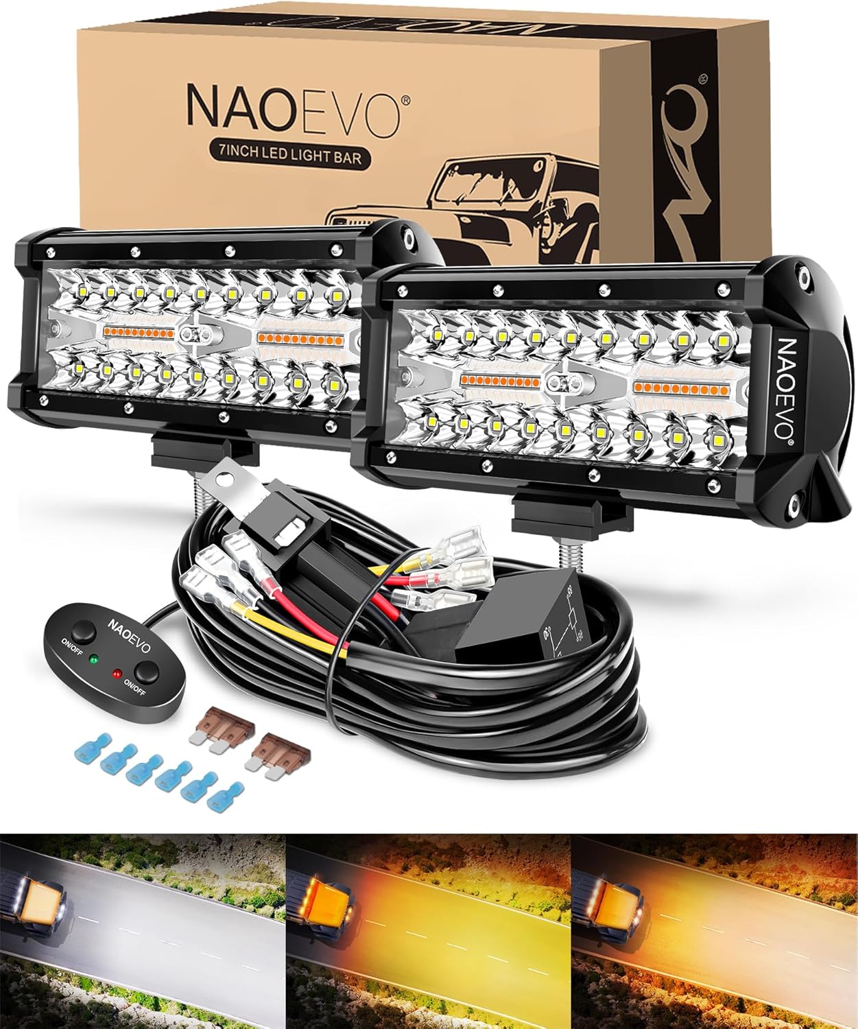 81QuBntAaL._AC_SL1500_.jpg NAOEVO 7 Inch Light Bar, 240W 24,000LM Offroad Fog/Driving Lights LED Pods with 2 Leads Wiring Harness, Spot Flood Combo LED Work Lights for Truck Boat UTV ATV, 2-Pack (White/Amber/White&Amber) - Image 1