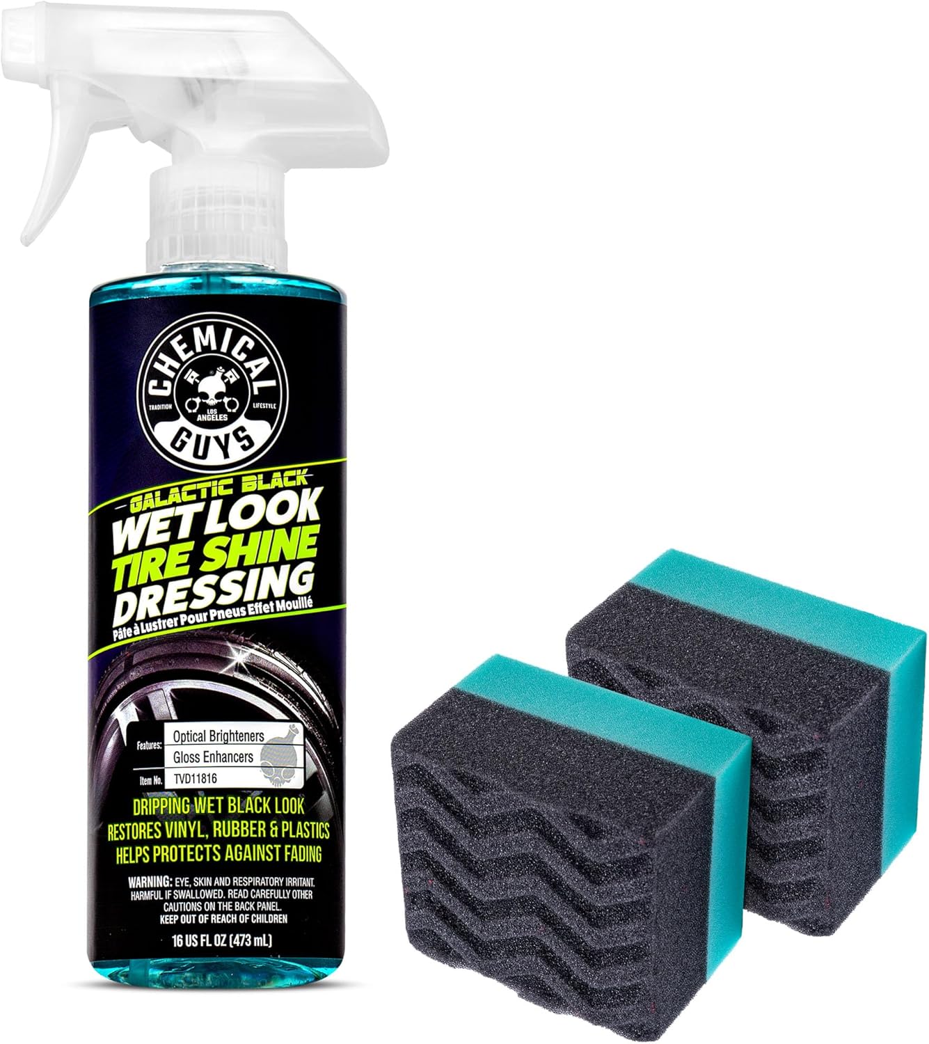 81QwbwjLEDL._AC_SL1500_.jpg Chemical Guys Galactic Black Wet Look Tire Shine Dressing, 16 fl oz + Wonder Wave Durafoam Contoured Large Tire Dressing Applicator Pad, Pack of 2 - HOL457 - Image 1