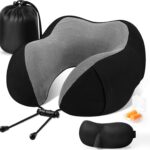 CloudBliss Travel Pillow Premium Memory Foam, Comfortable & Supportive Neck Pillow, Sleeping Neck Pillows for Travel, Airplane Pillow for Sleeping Airplane, Car, Office and Home（Black）