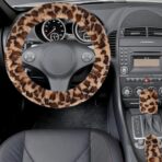 Accmor Fuzzy Car Steering Wheel Cover, Universal Fit Fur Auto Wheel Cover & Handbrake Cover & Gear Shift Cover Set, Leopard Warm Fluffy Vehicle Wheel Protector Car Accessories for Men Women (Brown) - Image 3