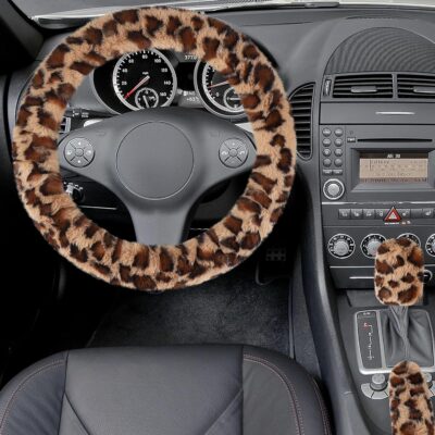 Accmor Fuzzy Car Steering Wheel Cover, Universal Fit Fur Auto Wheel Cover & Handbrake Cover & Gear Shift Cover Set, Leopard Warm Fluffy Vehicle Wheel Protector Car Accessories for Men Women (Brown) - Image 3