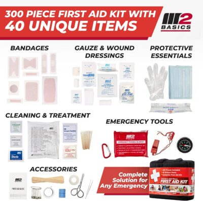 M2 BASICS Premium 300 Piece Professional First Aid Kit, 40 Unique Items, Durable Carry Bag for Home, Car, Business, Travel & Vehicle - Image 2