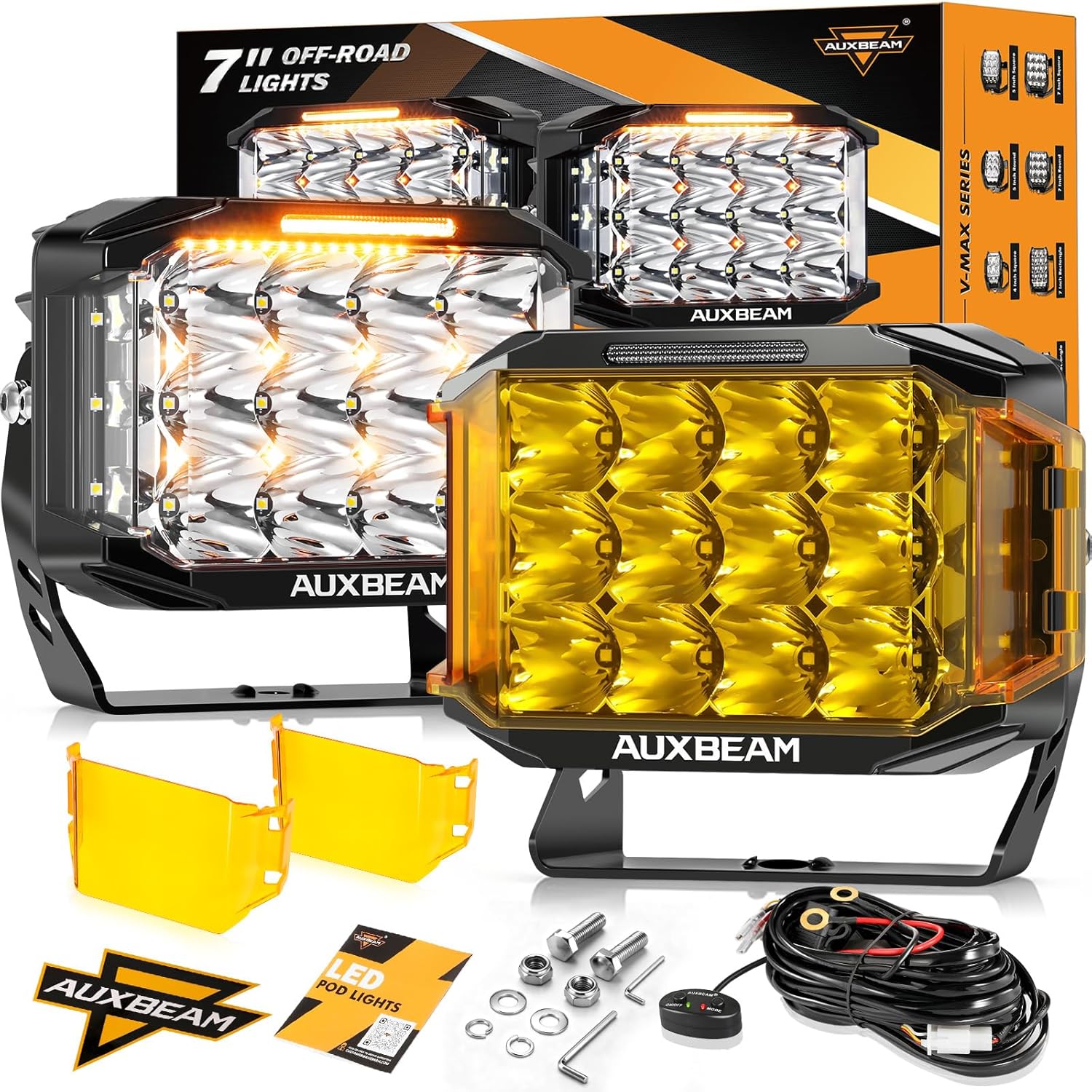 81S8H0Kg6mL._AC_SL1500_.jpg Auxbeam 7Inch LED Pod Lights, V-MAX Series 204W Rectangle Offroad Driving Spotlight with Amber DRL & Backlight, 270° Side Shooter Ditch Auxiliary Spot Flood Combo Beam for Truck Jeep Pickup SUV ATV - Image 1