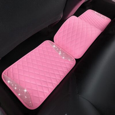 CAR PASS Bling Leather Car Mats Shining Diamond Floor Mats Crystal Rhinestones Sparkly Glitter Carpet Anti-Slip Waterproof Pad Universal Fit for Automotive SUV, Sedan, Van, 5pcs for Girl Women Pink - Image 8