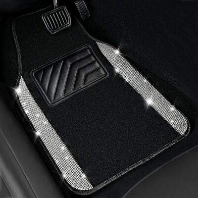 CAR PASS Bling Diamond Car Floor Mats, Shining Rhinestone Carpet Sparkly Glitter Crystal with Anti-Slip PVC Heel Pad Waterproof Universal Fit Automotive SUV,Sedan,Van,Cute Girl Women,4pcs Black Sliver - Image 2