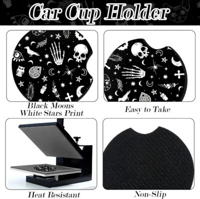 4 Pieces Black Moons White Stars Print Car Accessories Set Black Moons White Stars Steering Wheel Cover with 2 Pieces Car Cup Holder and Leather Keyring for Truck Suv(Horror Pattern) - Image 5